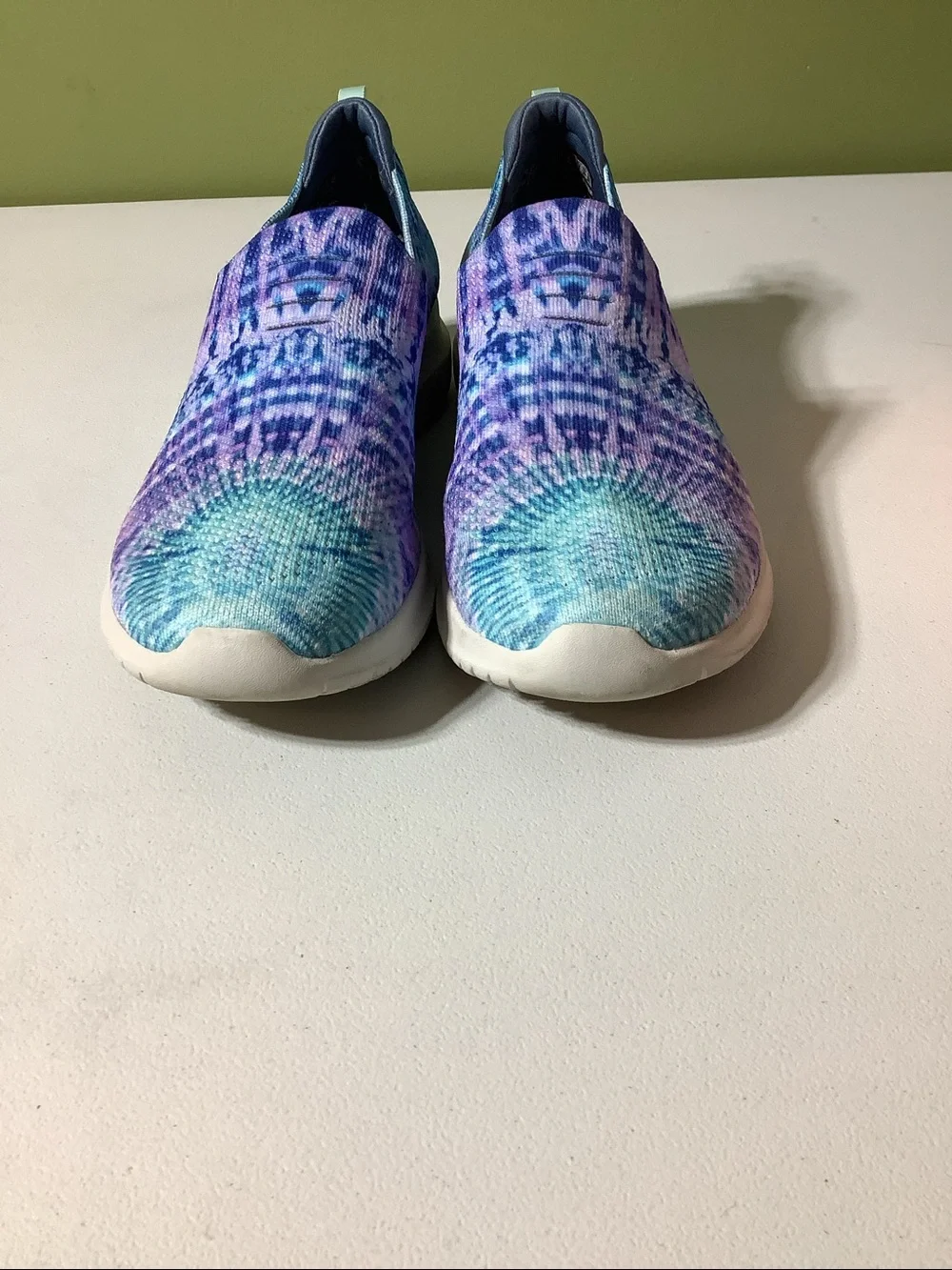 Skechers tie dyed air-cooled memory foam slip ons, size 10